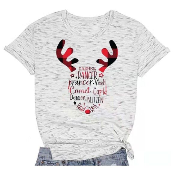 Women's Cute Reindeer Holiday Christmas Short Sleeve T-shirt- Large- Light Gray - Picture 1 of 2